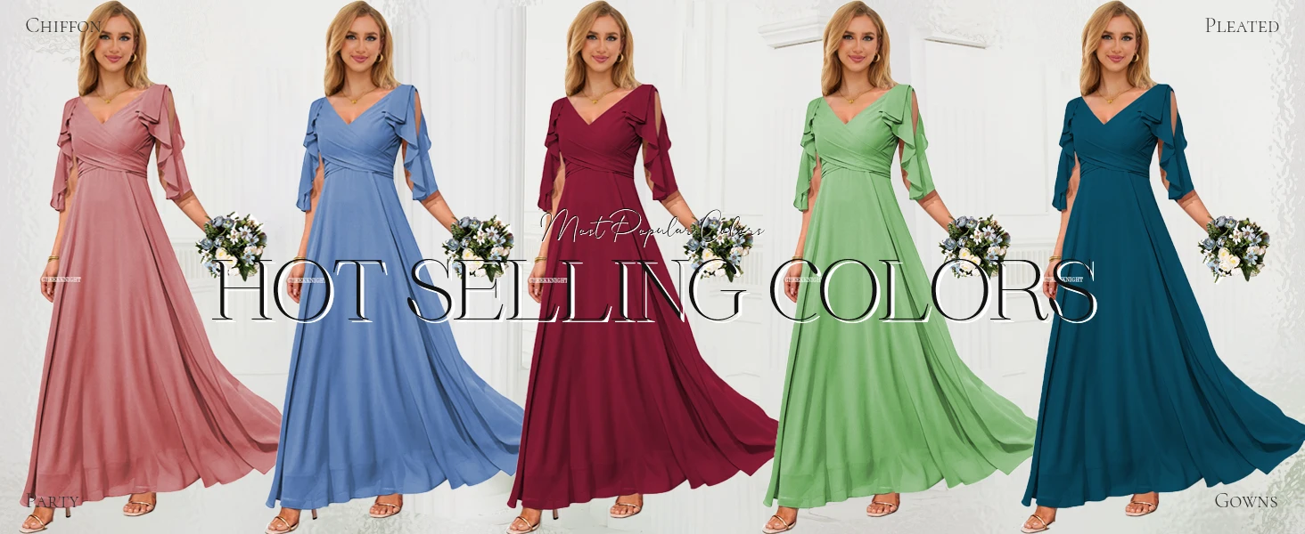 Chiffon-Brautjungfernkleider mit Rüschenärmeln, schulterfreie Chiffon-Abendkleider für Damen