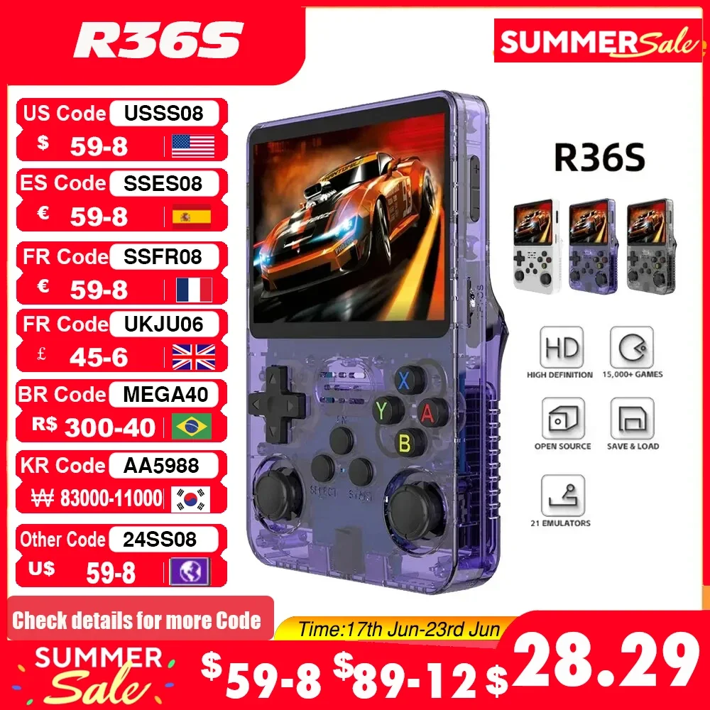 R36S 레트로 휴대용 비디오 게임 콘솔, 리눅스 시스템, 3.5 인치 IPS 스크린, 휴대용 포켓 비디오 플레이어, 128GB 게임, 소년 선물