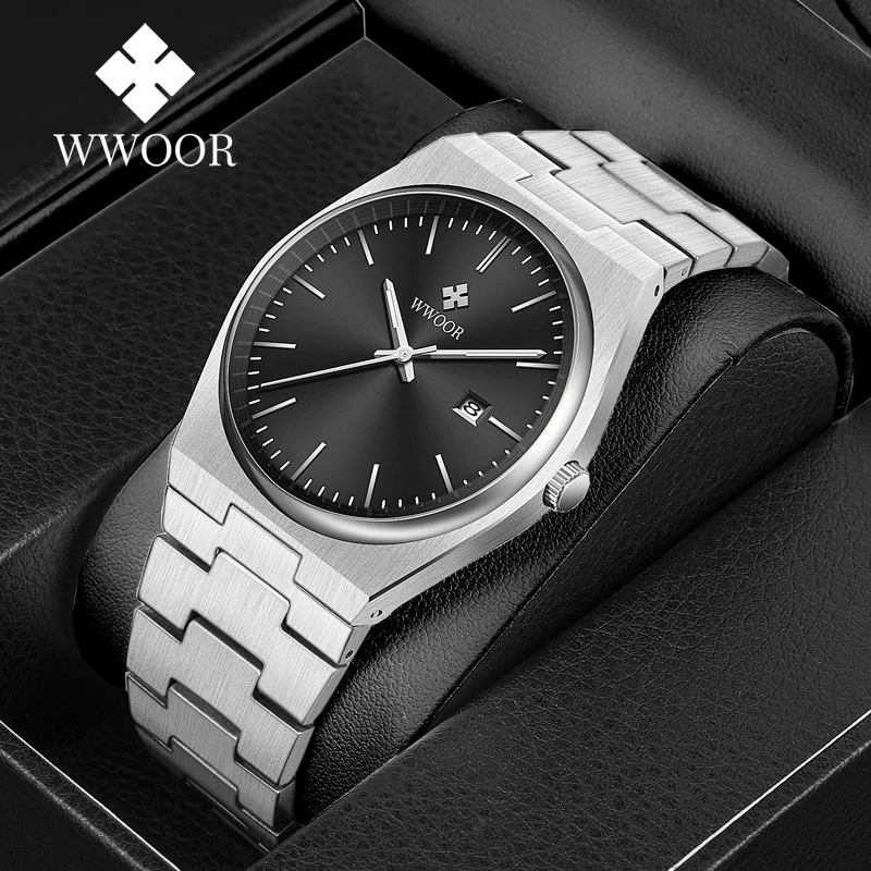 WWOOR 41MM Men Watches Luxury Quartz Watch For Men Sapphire Stainless Steel Automatic Date Man's Wristwatches Sport Waterproof каретка sram dub press fit mtb bearings steel mtb 89 5 92 casing 41mm axle 28 99mm a239869