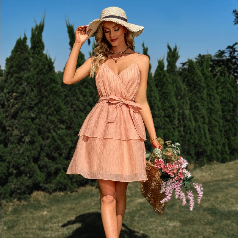 

Fashion Casual Solid Color Dress 2023 Summer New V-neck Tied Sexy Halter Dress Lovely Fresh and Elegant In The Skirt Female