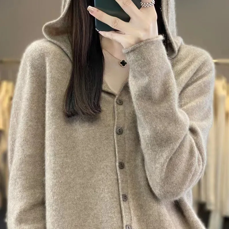 2024 Hot Sale Autumn Women's Cardigan 100% Wool Knitted Sweater Chic Tops Cashmere Coat Hooded Collar Loose Large Size Women's