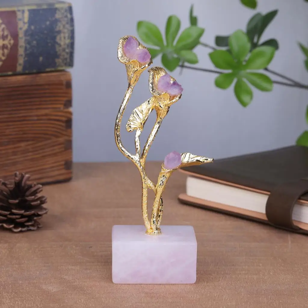 Healing Raw Amethyst Crystal Calla Lily With Natural Rose Quartz Base For Desktop Ornaments Home Decoration