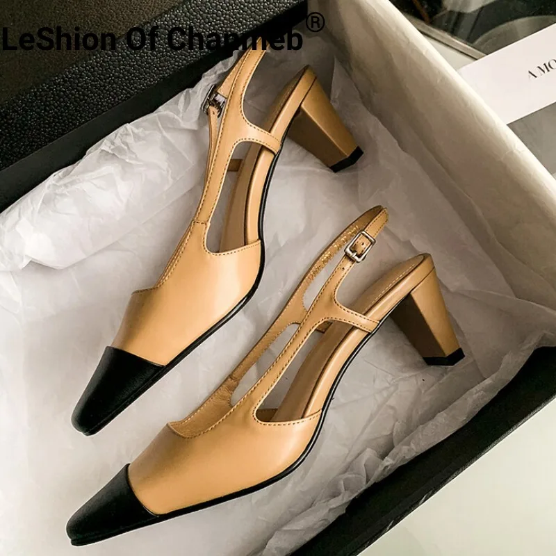 

Leshion Of Chanmeb Women Genuine Leather Sandals High-Heeled Slingbacks Brand Mix-color Buckled Shoes Ladies Spring Summer 33-40