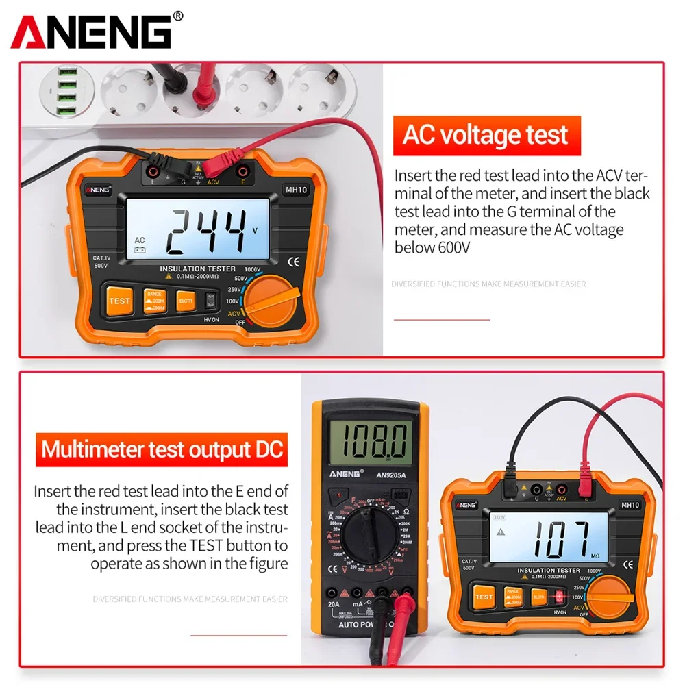 ANENG MH10 Digital Megohmmeter Megger Meter Insulation Earth Ground Resistance 100-1000V Ohm Voltage Tester