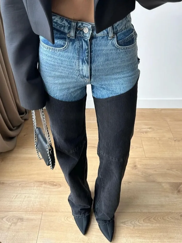 Faionable Casual Patchwork Distred Straight Leg Women's Jeans High Waist Straight Cut Ladies' Casual Pants