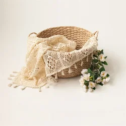 Newborn Photography Props - Cotton Lace Tassel Blanket & Backdrop in Beige - 60X60CM (Beige Mat)