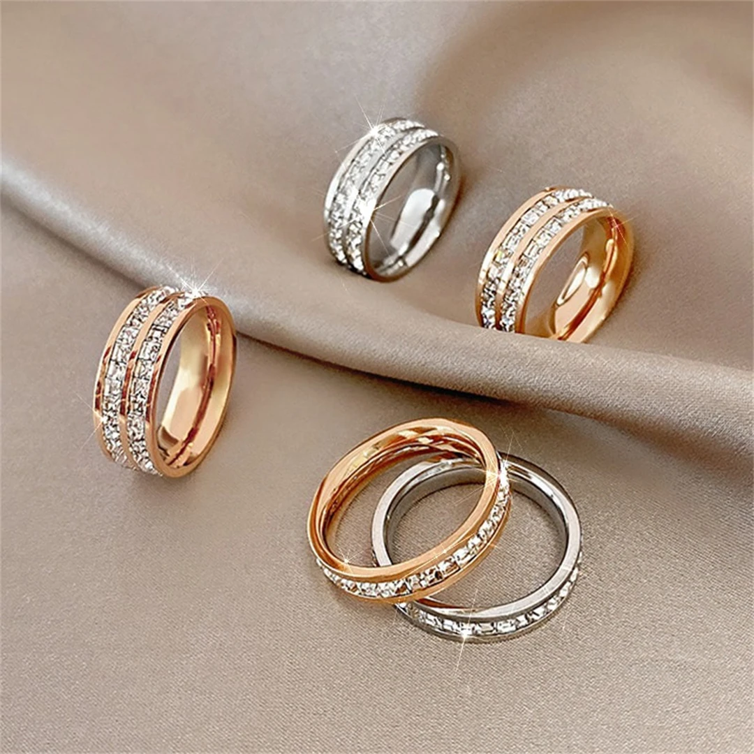 Stainless Steel Ring Double Rowed Square Zircon Women's Engagement Wedding Party Jewelry Gift