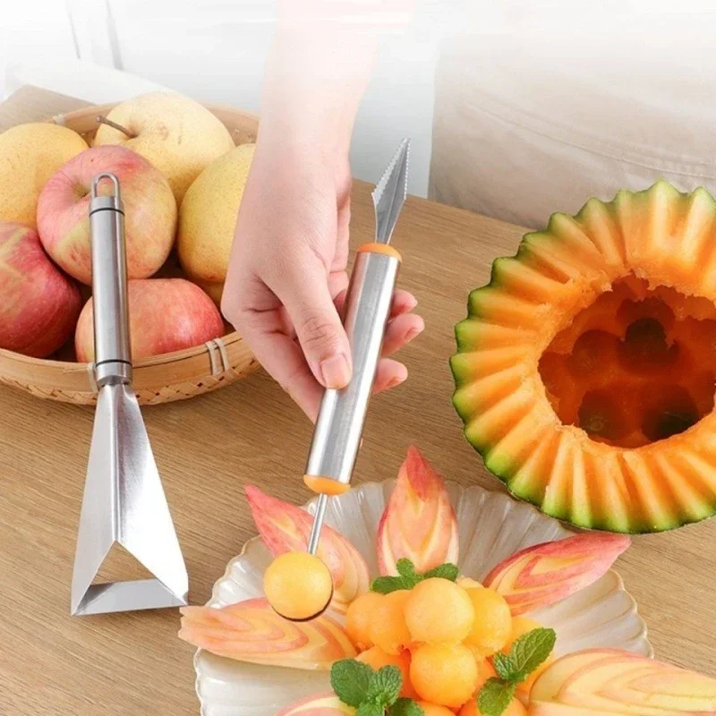 Kitchen Gadgets Stainless Steel Triangle Fruit Platter Non-slip Carving Knife Artificial Spoon Tools Dining Bar Home Garden