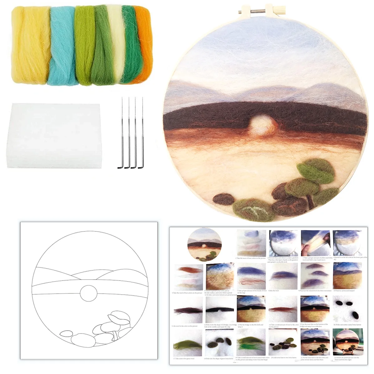 

RUOPOTY Wool Felting Painting Kit With Embroidery Frame Sunset Lake Landscape Diy Felt Package For Home Decoration Crafts