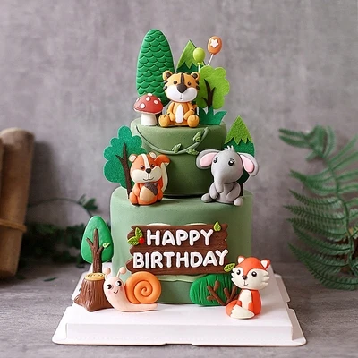 Woodland Forest Cartoon Animal Cake Topper Tiger Elephant Snail Fox Happy Kids Birthday Cake Decor Jungle Safari Party Decor