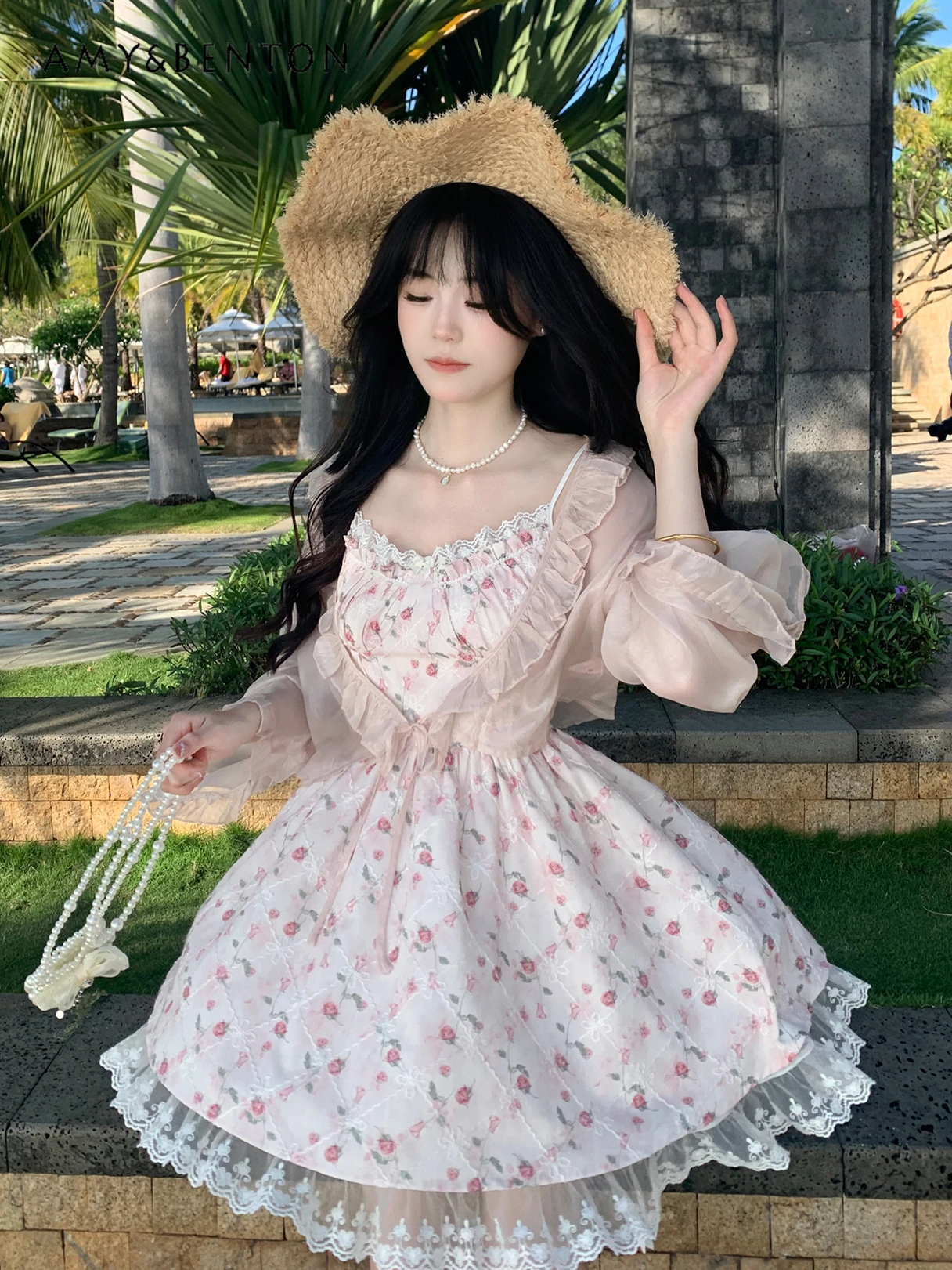 

Elegant Sweet Floral Sleeveless Slim Fit Dress for Women Spring Summer New Cute Sexy Strapless Lace Patchwork Y2K Mini Dress