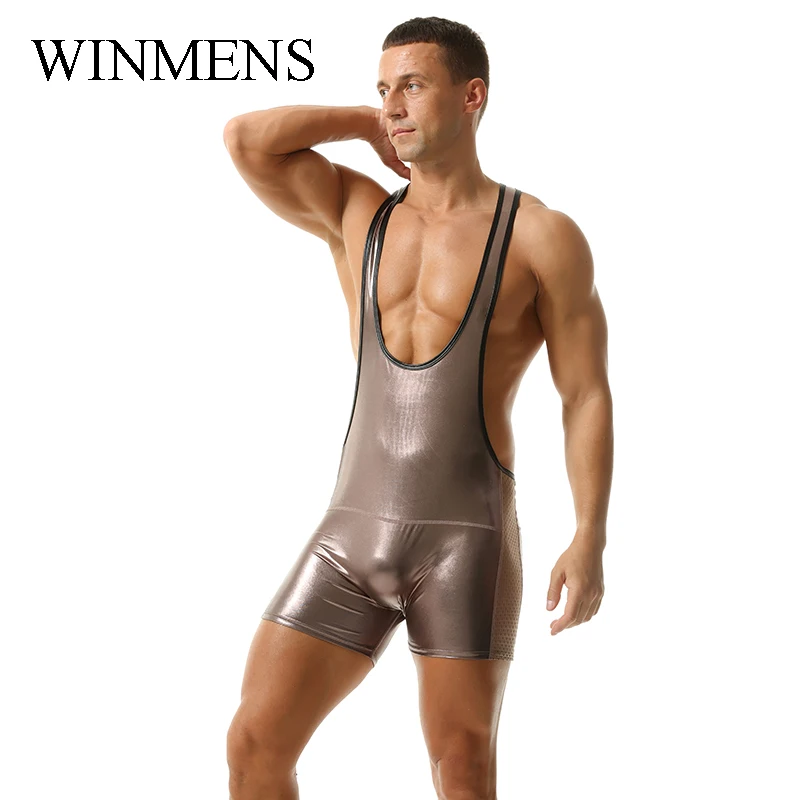 Men's Shiny Jumpsuit Splicing Imitation Leather and Mesh Elastic One Piece Underwear Halter Sleeveless Low-necked Costume