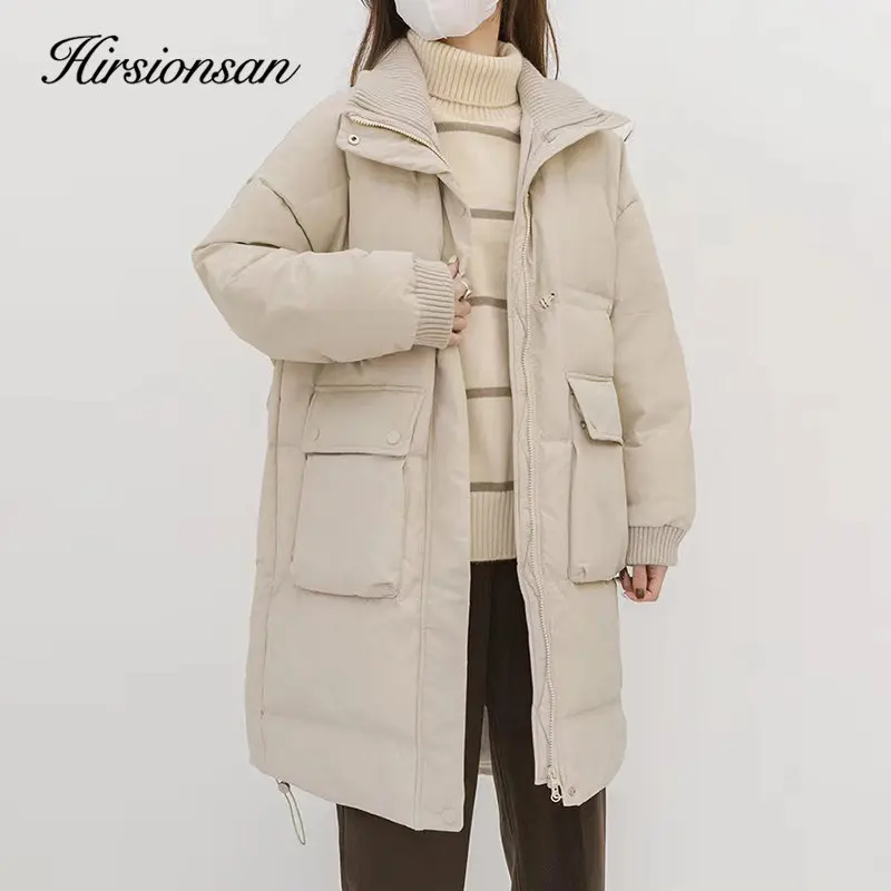 

Hirsionsan New Pocket White Duck Down Jacket Women Winter Stand Collar Thicken Warm Puffer Clothing Female Korean Loose Coats