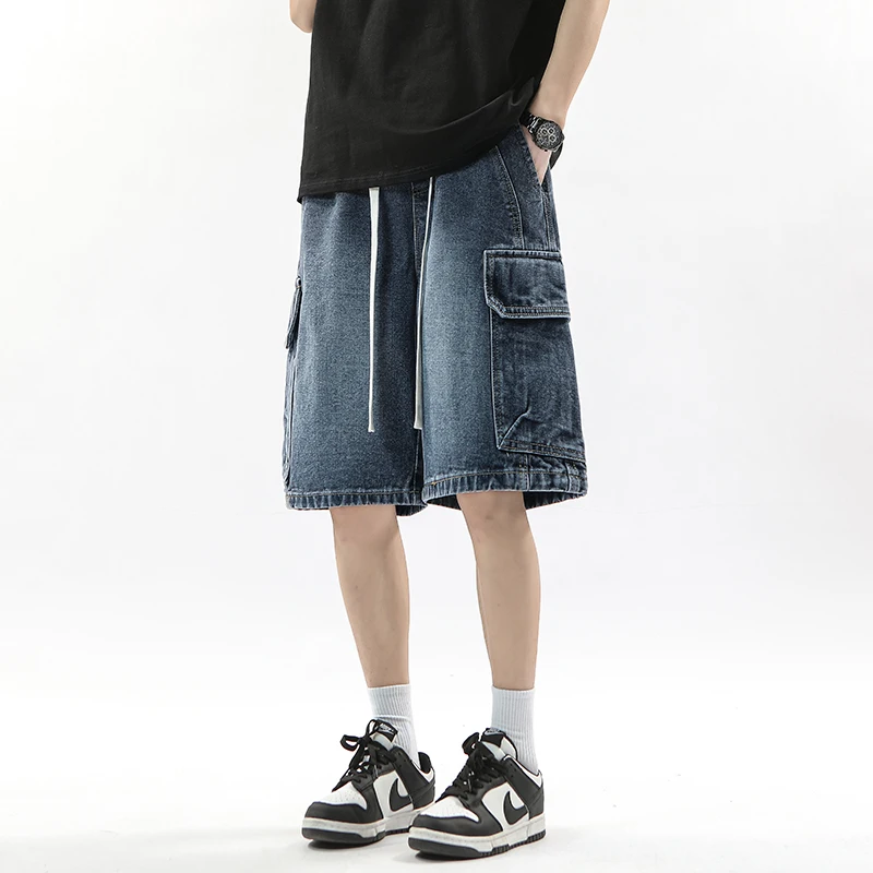 Summer Workwear Denim Shorts Street Men's Loose Straight Shorts Stretch Waist Casual Jogging Outdoor Five-Cubic Pants 3
