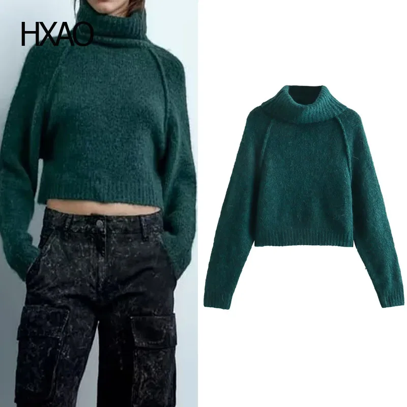 

Укороченный женский свитер HXAO, вязаная водолазка, модные вязаные пуловеры, Винтажный Зеленый кашемировый свитер с длинным рукавом, женский джемпер