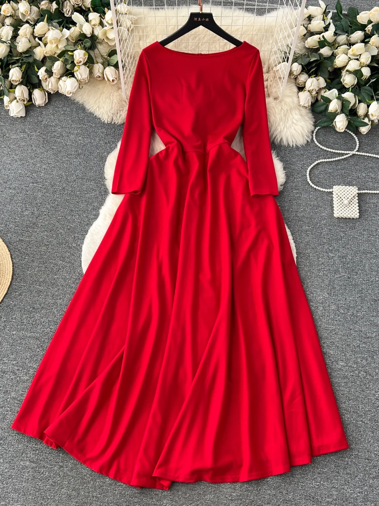 

Aibeautyer New Vintage Spring Summer Solid Slim Full Lady Dress A Line O Neck Chiffon Pullover High Waist Mid-Calf Women Dresses
