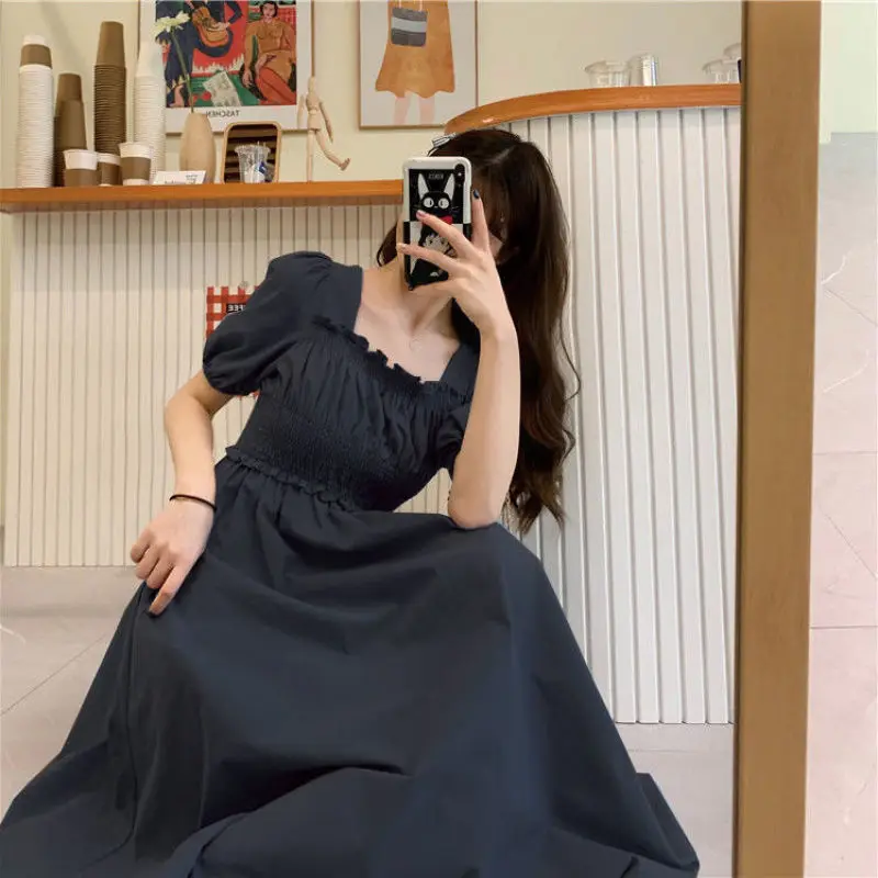 

Women's Graceful Edible Tree Fungus A-line Black Dress 2024 Summer Lady Casual Simple Solid Blue Dresses Student Trendy Clothing