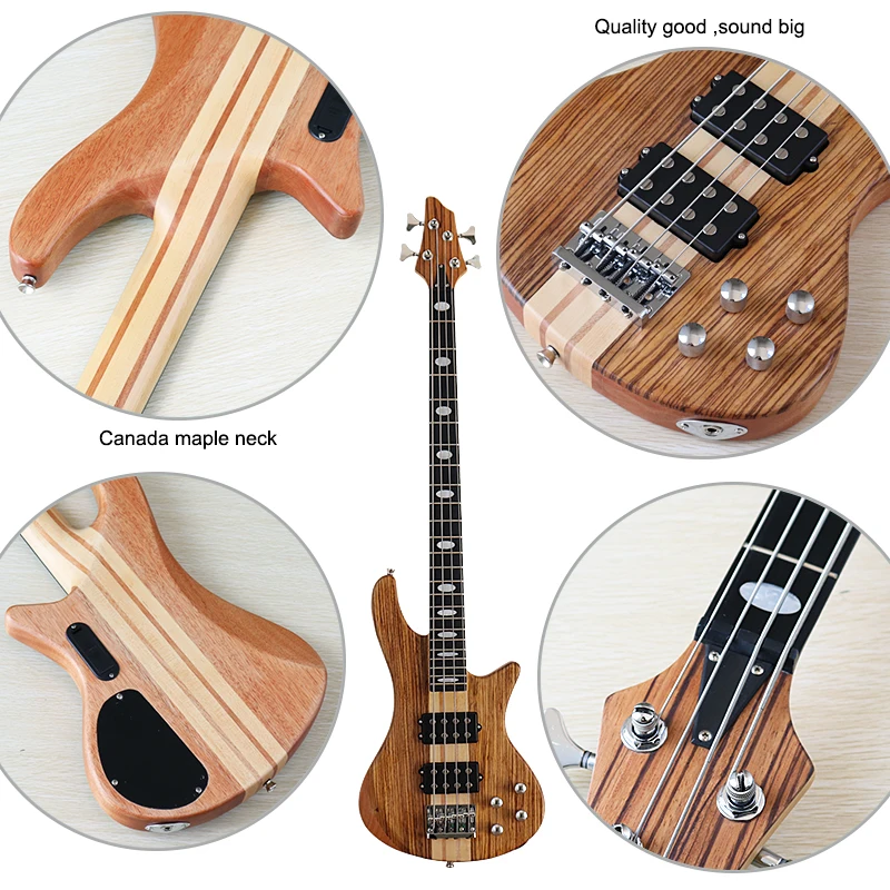 Electric Bass Guitar Active Bass Guitar 5 String Neck Through 4 String 43 Inch Electric Bass Guitar Solid Okoume Body Natural Color Zebrawood Top