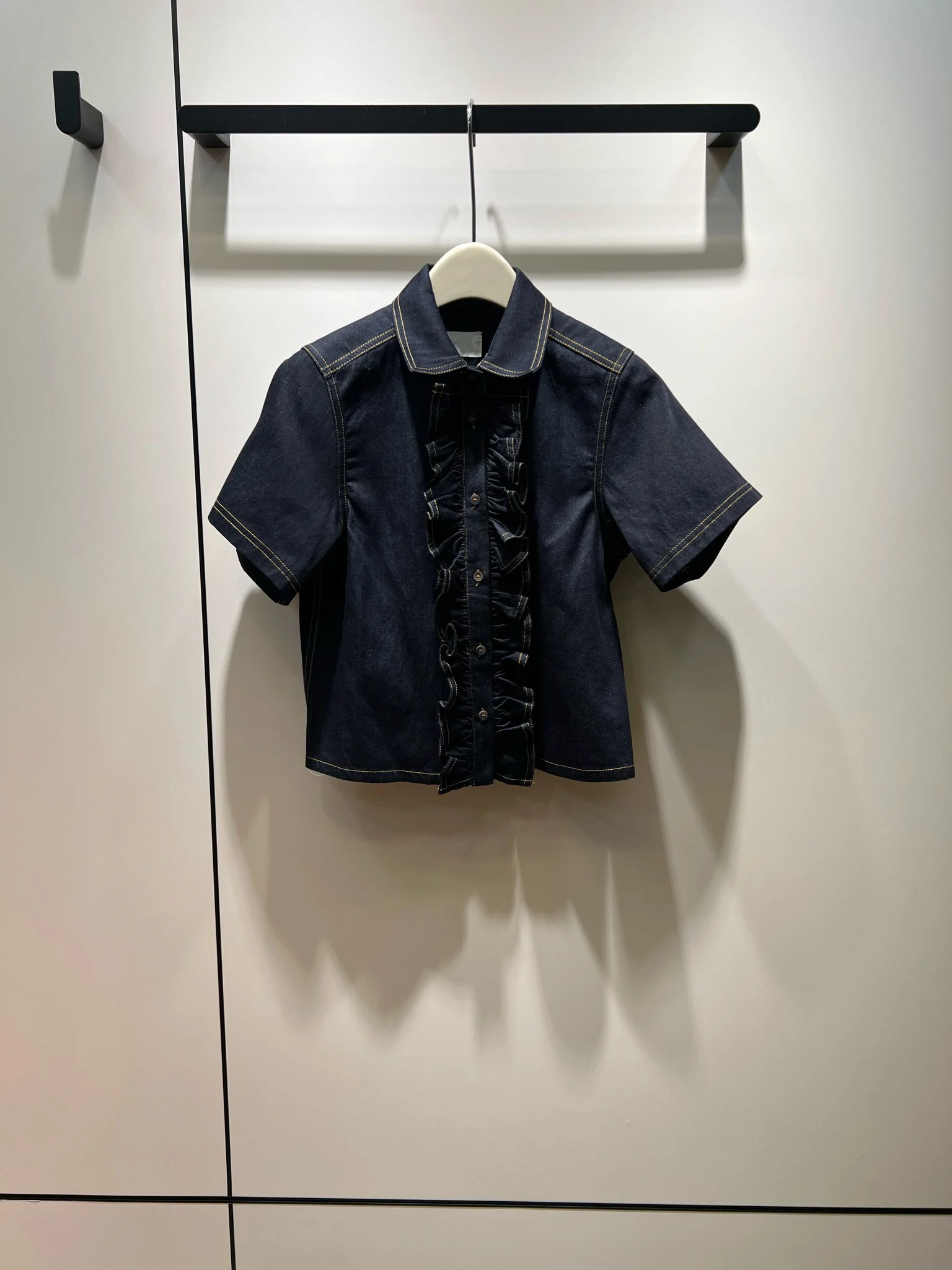 

Wooden ear lace short-sleeved denim top vintage short design age reduction everything715