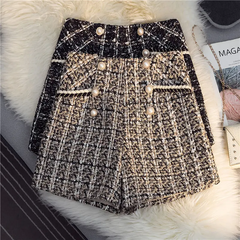 Xiaoxiangfeng Shorts Women's Autumn and Winter New Fashion High Waisted Zipper Plaid Button Pockets Woolen A-line Wide Leg Pants