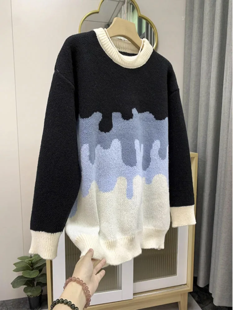 

Винтажный Модный вязаный свитер с круглым вырезом в стиле пэчворк женский осенне-зимний милый вязаный свитер в Корейском стиле ретро