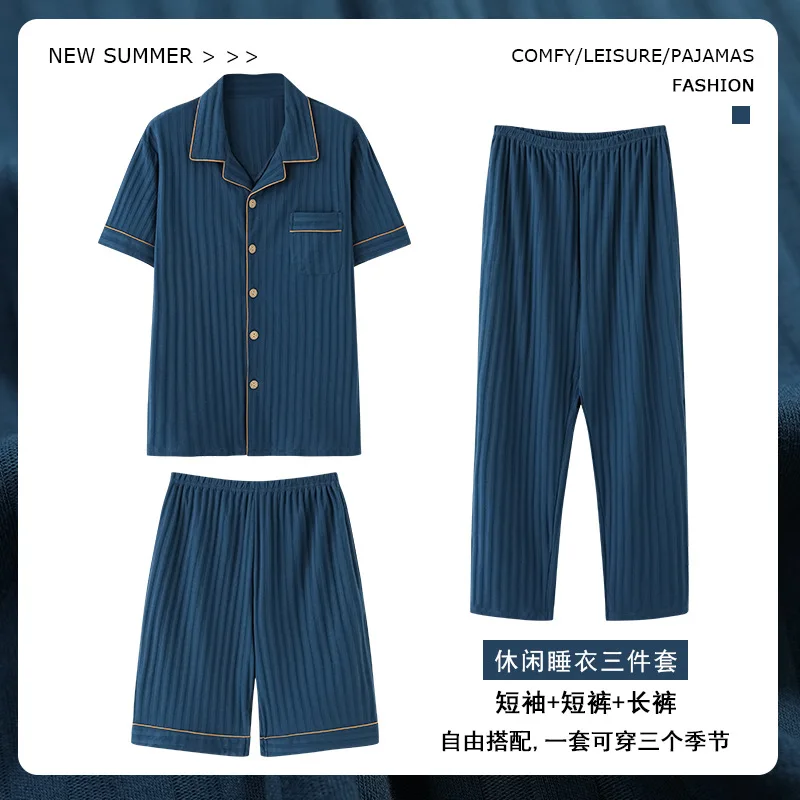 3 Pieces Cotton Men's Pajamas Set Spring Summer Korean Fashion Nightwear Plus Size M-4XL Home Clothes Male Young Boy Loungewear