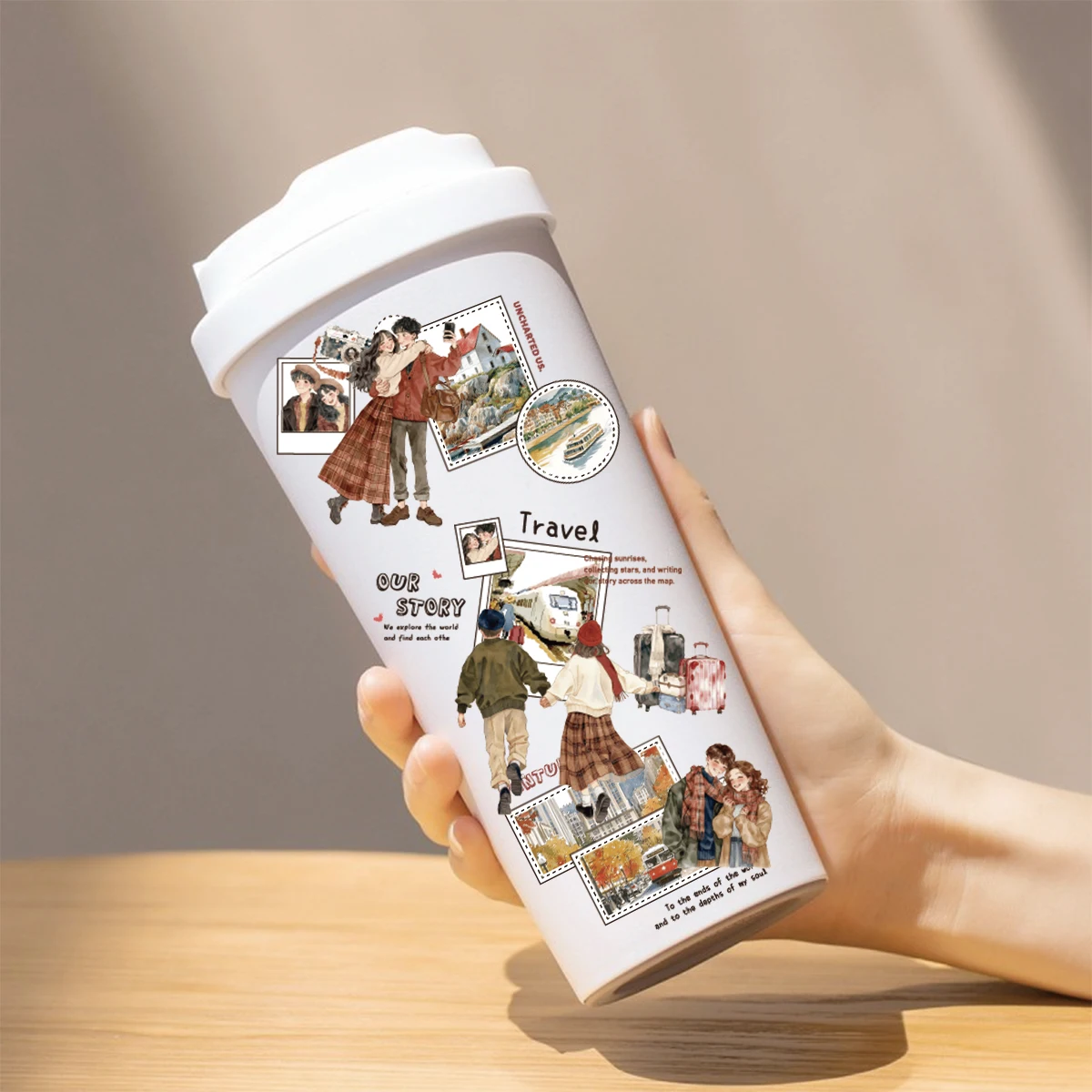 Etori Life 15개 커플 여행용 손그림 스티커, 함께 여행하는 커플을 위한 낭만적인 분위기의 저널링 재료, 노트북, 휴대폰 스티커, 여행 가방, 사진 앨범, 사무실 장식 액세서리, 방 장식, 학생 선물