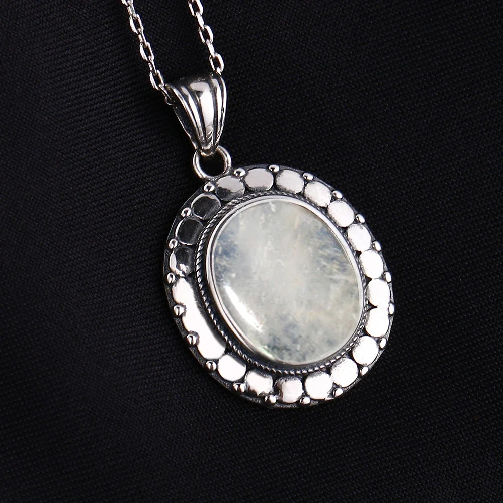 Natural Large Oval 10*12MM Moonstone Necklace 925 Silver Pendant Necklace for Women Vintage Luxury Wedding Party Gift