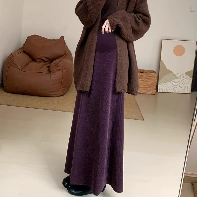 Winter Maternity Belly Skirts with Pockets Long Loose Pregnant Woman Corduroy Umbrella Skirt Floor-length Pregnancy Party Skirt