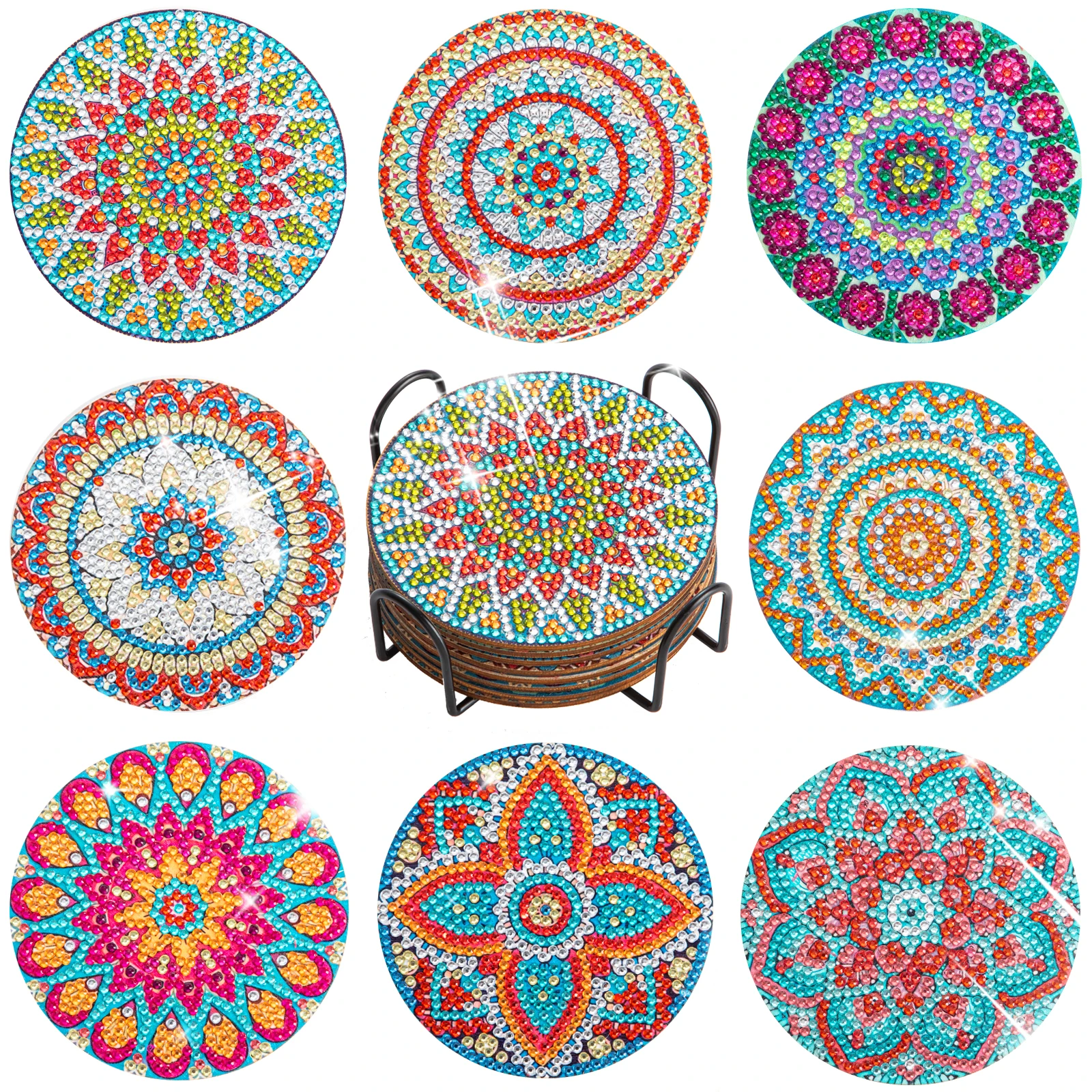 

CHENISTORY 8pc/sets Diamond Painting Coasters Mandala Texture Cup Mat Mosaic Art Diy Set Handiwork For Adults Kids Beginners
