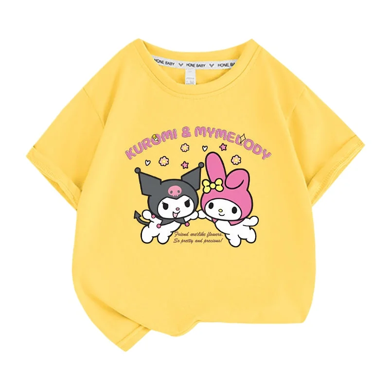Sanrio 베스트셀러 귀여운 쿠로미 프린트 100% 코튼 아동 티셔츠 여름 데일리 야외 스포츠 캐주얼 루즈 스트리트 반팔