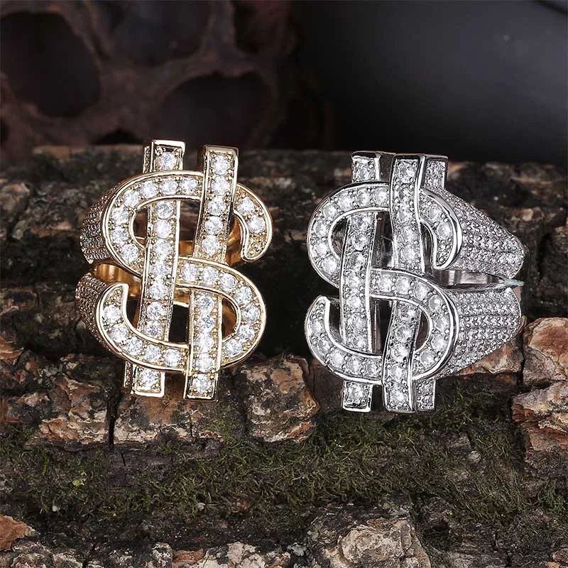 

Dollars $ Shape Geometric CZ Bling Bling Iced Out Zircon Mirco Pave Prong Setting Brass Ring Hip Hop Jewelry BR060