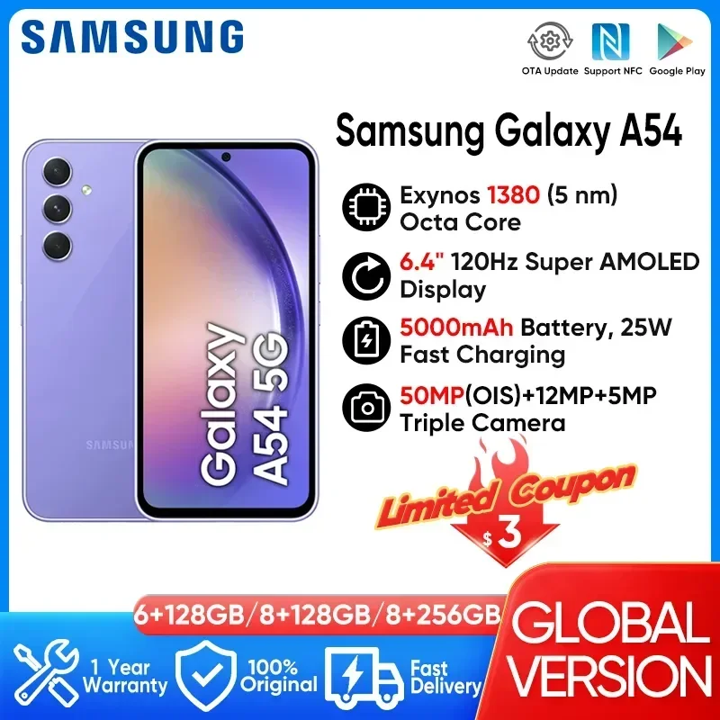 

2023 New Samsung Galaxy A54 5G Smartphone Exynos 1380 6.4" 120Hz Super AMOLED Screen Triple 50MP Camera 5000mAh Mobile Phones