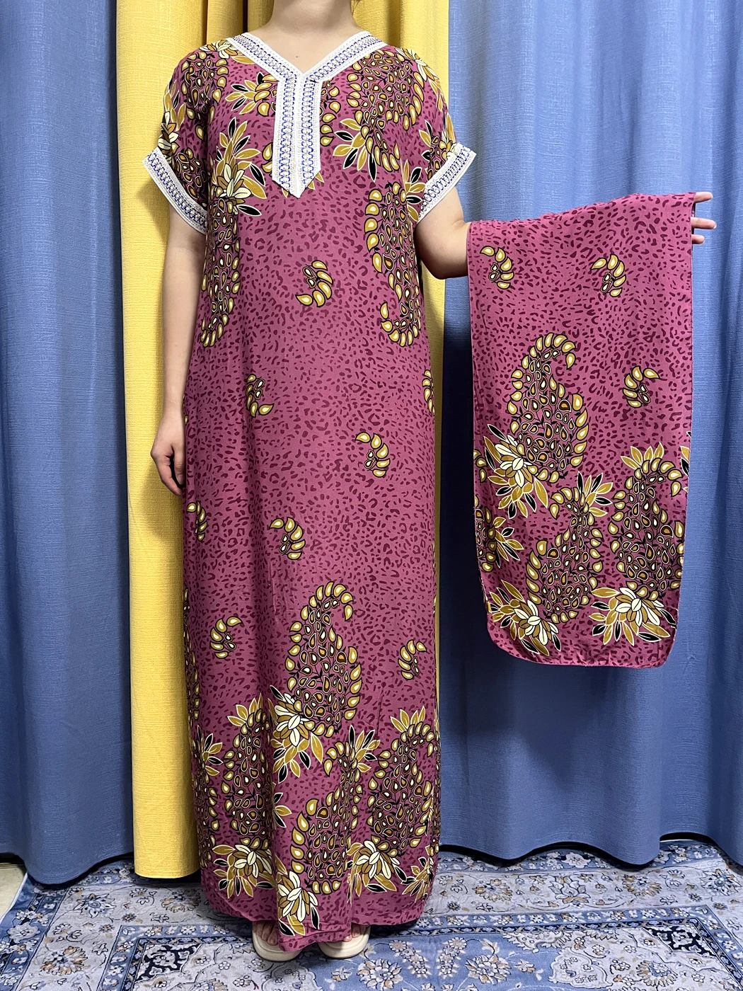 Muslim Abayas For Women 2023 Summer Floral Print Cotton Slim Fit V-neck Femme Robe African Islam Woman Dresses With Headscarf