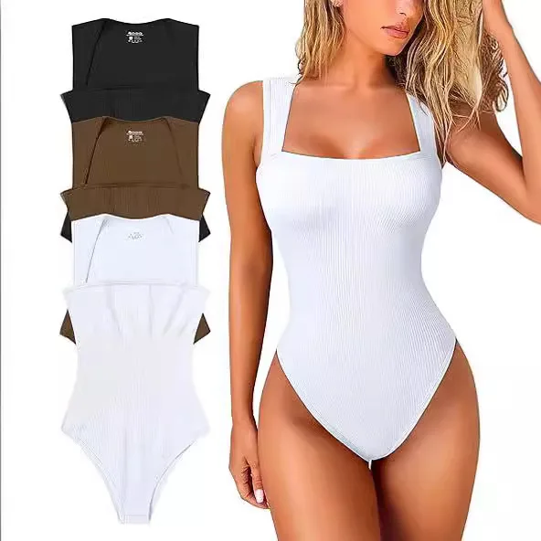 Women Summer Bodysuits Solid Color U Collar Playsuits Tops