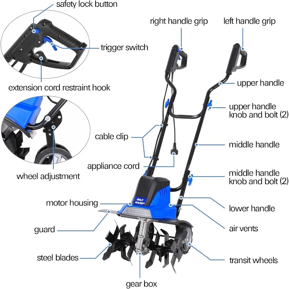 Electric Tiller Cultivator β 16-Inch, 13.5 Amp, 6 Steel Tines, Foldable Garden Rototiller with Adjustable Wheels 6