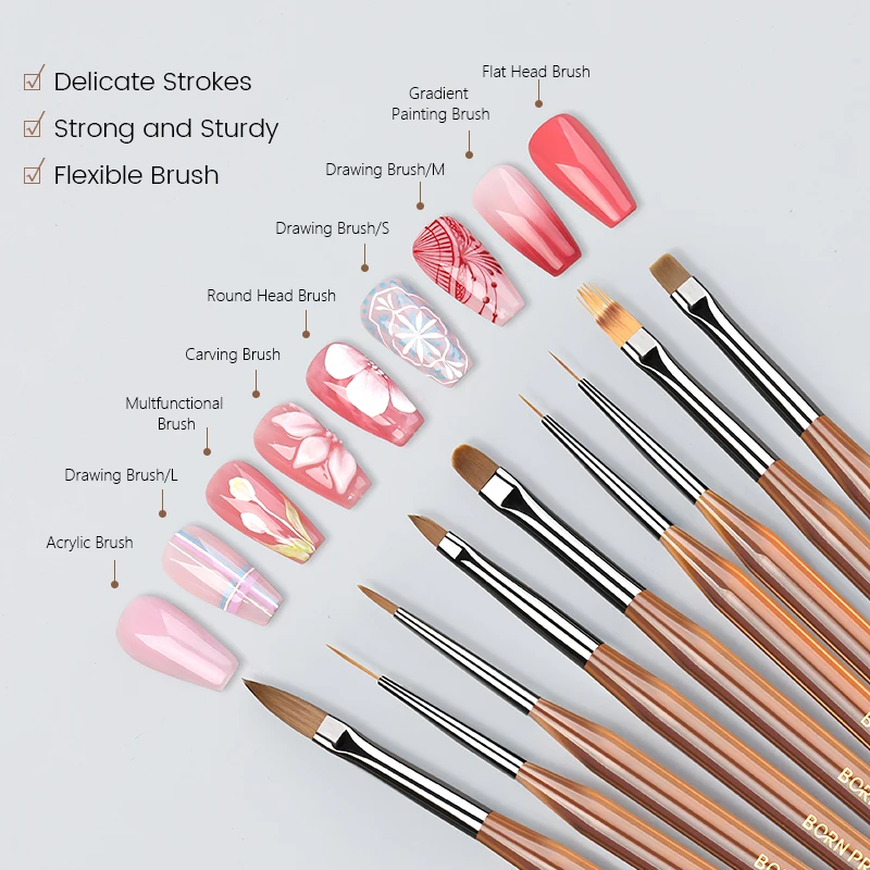 BORN PRETTY Nail Art Brush 9 Sizes Painting Drawing Carving Dotting Pen Nails Stripes Thin Lines Tools Nail Art Manicure Tool 2
