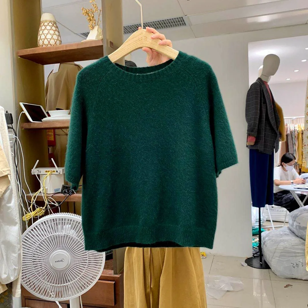 2023 Spring autumn round neck cashmere short sleeve women's half sleeve with wool knitted five-point cuff pullover sweater