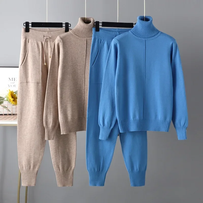 

2023 New 2 Pieces Set Women Knitted Tracksuit Turtleneck Sweater Carrot Jogging Pants Pullover Sweater Set Chic Knitted Outwear