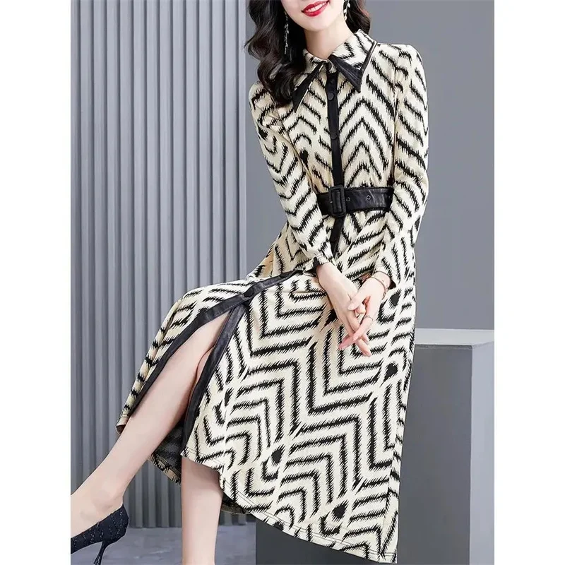 

2023 Spring Female New High-end Fashion Design Long Sleeve Dress Windbreaker Women Mid-length Striped Shirt Temperament Dress