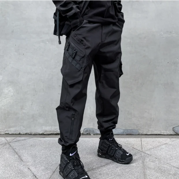 Autumn and winter men's pure black multi-pocket cargo pants trend loose bunched feet casual pants  size 3XL 3