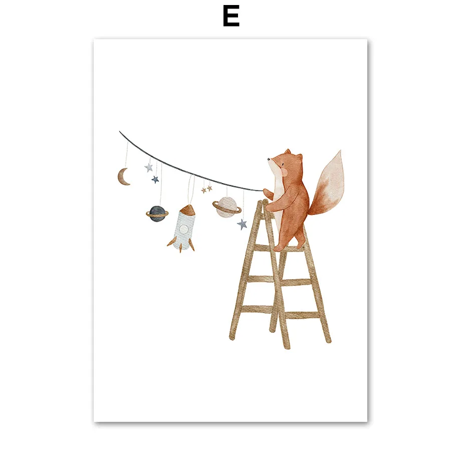 thumbnail image 1 of Pósteres de pared con estampado de lienzo con diseño de oso, conejo, erizo, abeja, flores y cohete espacial bohemio para decoración del hogar de la habitación de los niños y bebés, 1 of 5