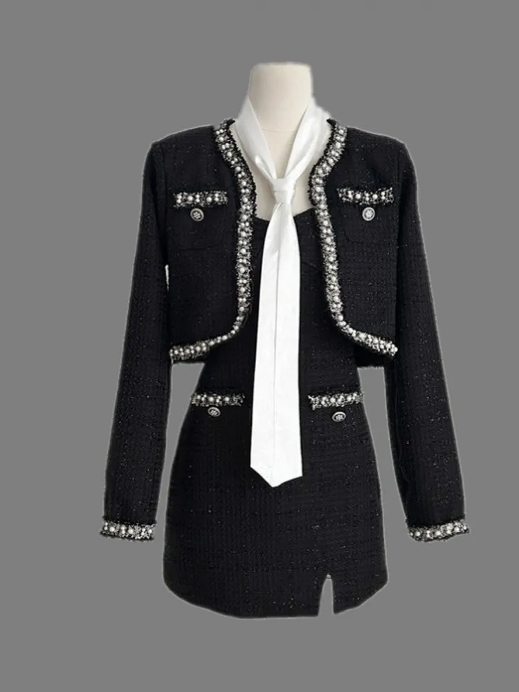 

Runway Elegant Tweed Woolen Jacket Coat Female Outerwear Casaco Top + Slim Sling Dress Two Pieces Set Suit Outfit For Women