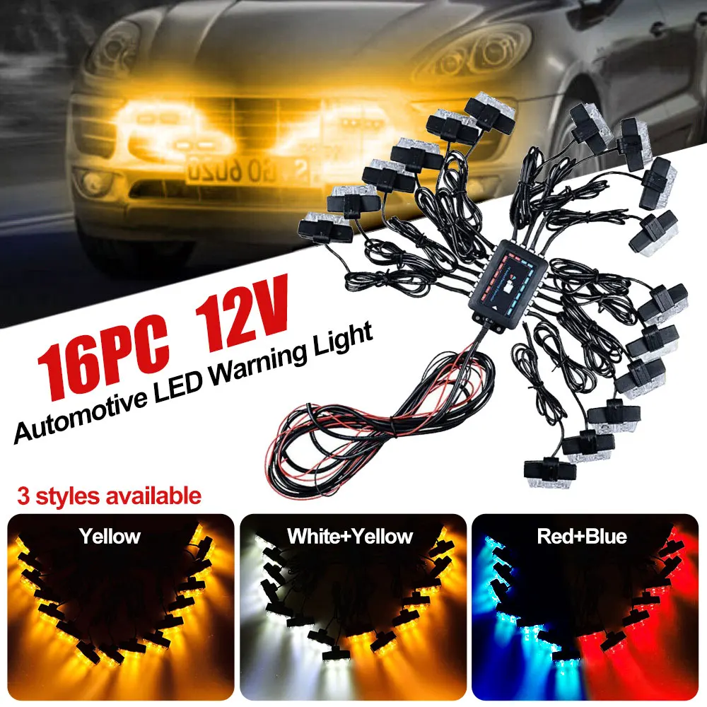 

16PC LED Car Red Blue Front Flasher Police Warning Light Emergency Truck Strobe Light 12V Car Signal Light Side Maker Lights