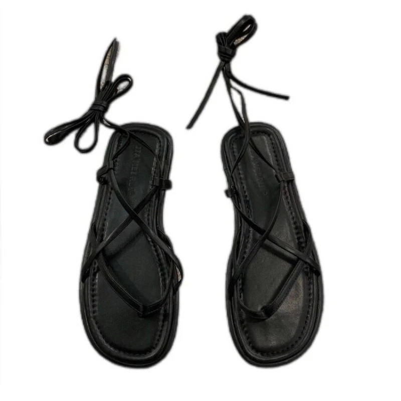 women sandals 2024 Summer New Arrival Fashion Flip flops Round Toe Cross Strap Solid Color Sandals Casual Flat Women's Shoes