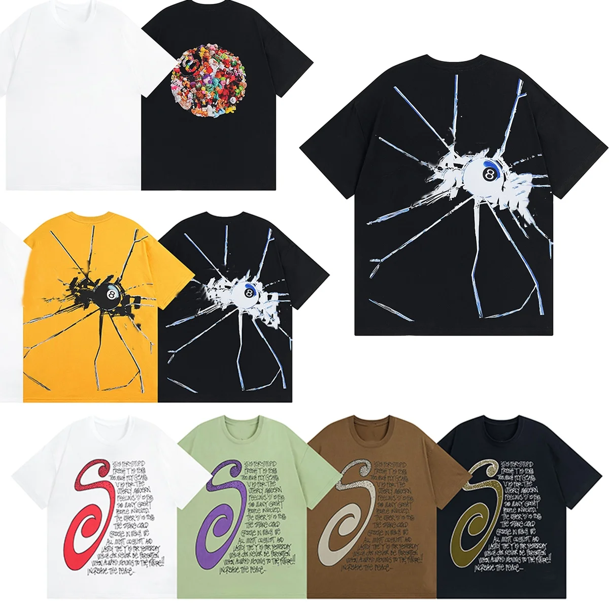 

Футболка 24SS с логотипом черного 8 мячей серия сломанная черная цветная кукла 8 печатная Футболка с круглым вырезом для мужчин и женщин с коротким рукавом