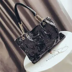 Large Capacity Glitter Handbag Purse Two Tone Reversible Sequins Tote Bag Zipper Shoulder Bag with Chain and PU Leather Straps