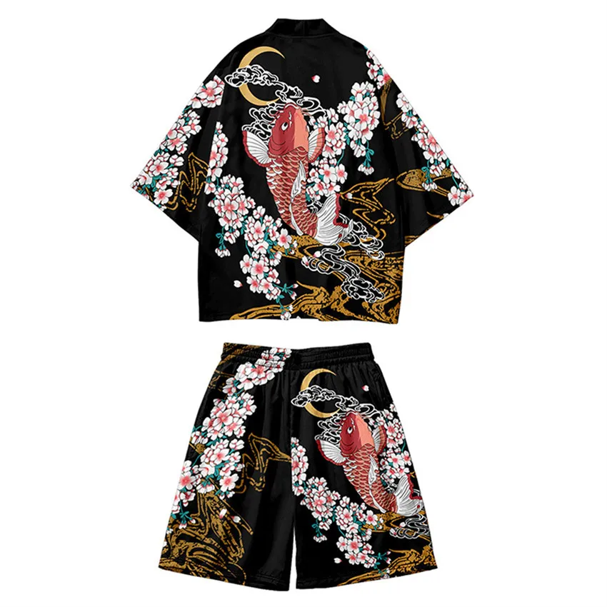 Two-piece Suit Kanagawa Wave Print Haori Yukata Trendy Popular Kimono and Shorts Sets Summer Japanese Cardigan Girls Boys Shirt