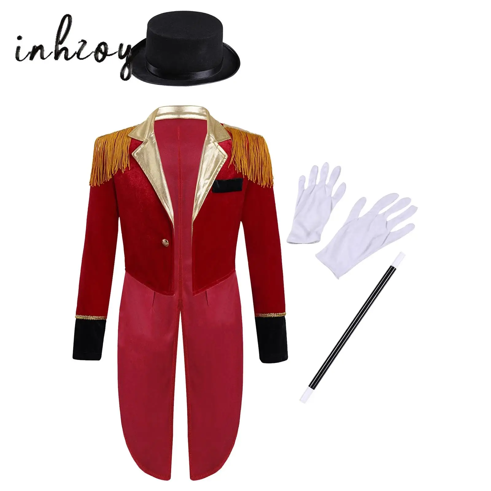 Kids Ringmaster Costume Girls Boys Ring Master Magician Tailcoat Long Sleeve Circus Show Party Jacket with Gloves Hat Outfits kids cosplay costume