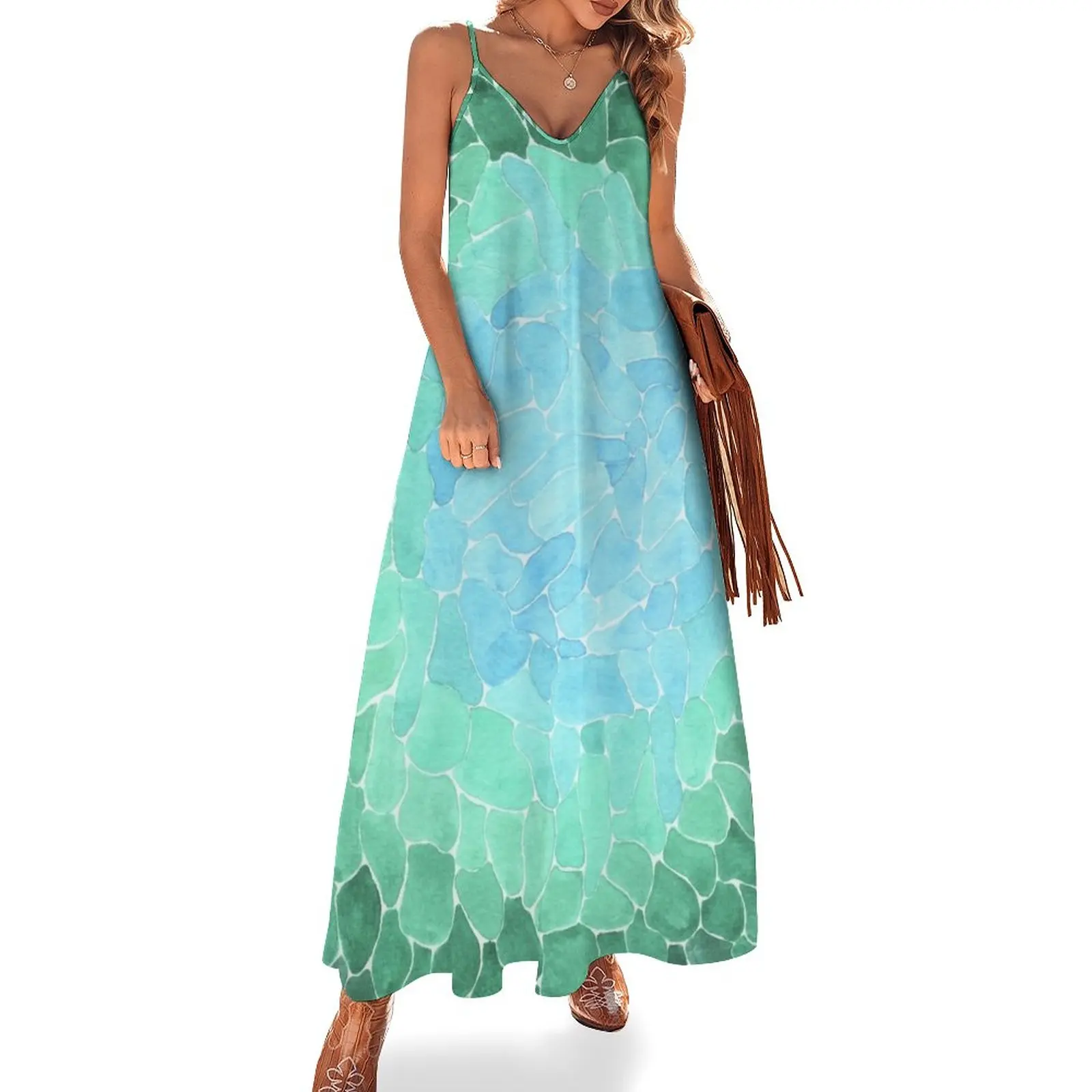 

Платье без рукавов с абстрактным акварельным/морским стеклом, повседневные платья, женские длинные платья, вечерние платья